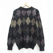 M★古着 長袖 セーター メンズ 90年代 90s 総柄 クルーネック USA製 黒他【spe】 25dec27