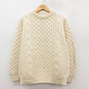 L★古着 長袖 アラン フィッシャーマン ケーブル セーター メンズ 00年代 00s ウール クルーネック アイルランド製 生成り【spe】 25dec29