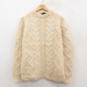 M★古着 長袖 アラン フィッシャーマン ケーブル セーター メンズ 90年代 90s ハンドニット 手編み ラグラン ウール アイルランド製 生成り【spe】 25dec29