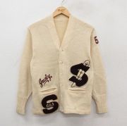 S★古着 長袖 ビンテージ レタード ニット カーディガン メンズ 50年代 50s S ウール 生成り【spe】 26jan13