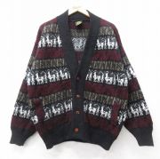 XL★古着 長袖 ニット カーディガン メンズ ラマ ウール エクアドル製 黒他【spe】 26jan15
