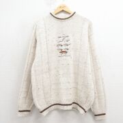 XL★古着 長袖 セーター メンズ 90年代 90s ルアー 刺繍 クルーネック USA製 薄ベージュ他【spe】 26jan23