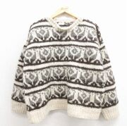 L★古着 長袖 セーター メンズ 手織り ウール クルーネック エクアドル製 薄ベージュ他【spe】 26jan23