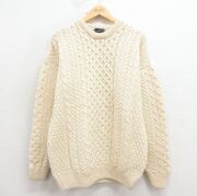 L★古着 長袖 アラン フィッシャーマン ケーブル セーター メンズ ウール クルーネック アイルランド製 生成り【spe】 26feb02