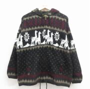 L★古着 TEJIDOS RUMINAHUI 長袖 フルジップ ニット カーディガン パーカー メンズ アルパカ エクアドル製 黒他【spe】 26feb02