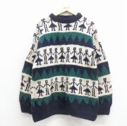 XL★古着 長袖 セーター メンズ 人 手織り ウール クルーネック エクアドル製 白他【spe】 26feb02