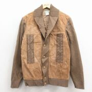 L★古着 長袖 ニット カーディガン メンズ 90年代 90s スエード使用 イタリア製 ベージュ【spe】 26feb02