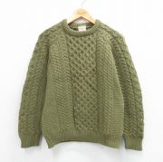 M★古着 長袖 アラン フィッシャーマン ケーブル セーター メンズ 90年代 90s ウール クルーネック アイルランド製 緑系【spe】26feb03