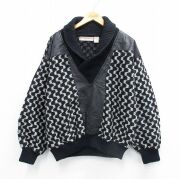 L★古着 長袖 セーター メンズ 90年代 90s レザー使用 アクリル ショールカラー 黒他【spe】 26feb09