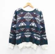 L★古着 長袖 セーター メンズ 90年代 90s ネイティブ柄 ラグ柄 クルーネック 白他【spe】 26feb09