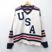 XL★古着 オールドネイビー OLD NAVY 長袖 セーター メンズ 90年代 90s USA製ロゴ コットン Vネック USA製 薄ベージュ他【spe】 26feb13