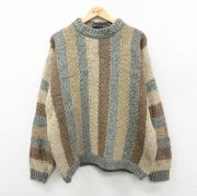 L★古着 長袖 セーター メンズ 90年代 90s ウール クルーネック イングランド製 ベージュ他 ストライプ【spe】 26feb13