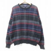 XL★古着 長袖 セーター メンズ 90年代 90s 大きいサイズ コットン クルーネック USA製 黒他 チェック【spe】 26feb14