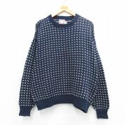 XL★古着 長袖 セーター メンズ 80年代 80s バーズアイ コットン クルーネック USA製 紺他【spe】 26mar04