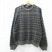 XL★古着 TRADER BAY 長袖 セーター メンズ 90年代 90s コットン クルーネック USA製 緑系他 チェック【spe】 26mar11