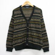 L★古着 バンヒューセン 長袖 ニット カーディガン メンズ 90年代 90s フェアアイル アクリル 緑【spe】 26mar25