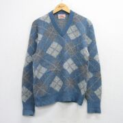 M★古着 長袖 ビンテージ セーター メンズ 60年代 60s アーガイル モヘア 薄青他【spe】 26mar25