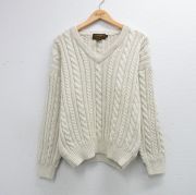L★古着 エディーバウアー 長袖 ケーブル セーター メンズ 90年代 90s コットン Vネック 生成り【spe】 26apr09