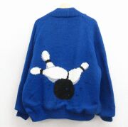 XL★古着 長袖 フルジップ カウチン ニット カーディガン メンズ 80年代 80s ボウリング 大きいサイズ ラグラン 青【spe】 26apr15