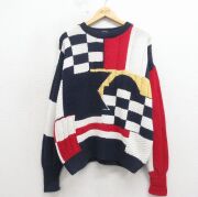 XL★古着 ノーティカ 長袖 ブランド セーター メンズ 90年代 90s 手編み ハンドニット マルチカラー コットン クルーネック 白他【spe】 26apr17