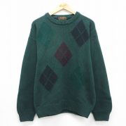 L★古着 エディーバウアー 長袖 セーター メンズ 90年代 90s アーガイル コットン クルーネック グリーン【spe】 26may13