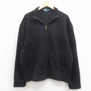 XL★古着 長袖 ブランド フルジップ ニット カーディガン メンズ 90年代 90s ワンポイントロゴ 大きいサイズ コットン ブラック【spe】 26may15