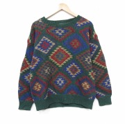 L★古着 ウールリッチ 長袖 セーター メンズ 00年代 00s ネイティブ柄 ラグ柄 手編み クルーネック 緑他【spe】 26jan24