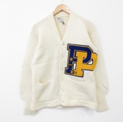 S★古着 長袖 ビンテージ レタード ニット カーディガン メンズ 70年代 70s PP ウール 薄ベージュ【spe】 26jan24