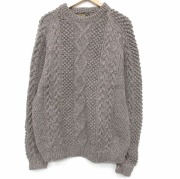 L★古着 長袖 アラン フィッシャーマン ケーブル セーター メンズ メリノウール ラグラン クルーネック アイルランド製 ベージュ【spe】 26jan30