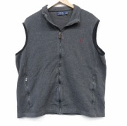 XL★古着 ラルフローレン ブランド フルジップ ニット ベスト メンズ ワンポイントロゴ コットン クルーネック 濃グレー【spe】 26jan30