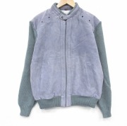 XL★古着 長袖 フルジップ ニット カーディガン メンズ スエード使用 アクリル 薄グレー他【spe】 26feb16