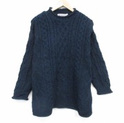XL★古着 長袖 アラン フィッシャーマン ケーブル セーター メンズ 大きいサイズ ウール クルーネック アイルランド製 紺系 霜降り【spe】 26feb25