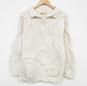 M★古着 長袖 フルジップ ニット カーディガン メンズ ウール 襟付き エクアドル製 白【spe】 26feb25