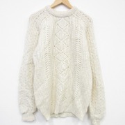 L★古着 長袖 セーター メンズ 手織り ウール クルーネック イギリス製 薄ベージュ【spe】 26feb28