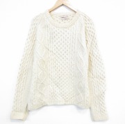 L★古着 長袖 アラン フィッシャーマン ケーブル セーター メンズ ウール クルーネック アイルランド製 薄ベージュ【spe】 26mar06