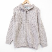 L★古着 長袖 フルジップ アラン フィッシャーマン ケーブル ニット カーディガン メンズ メリノウール アイルランド製 ベージュ【spe】 26mar06