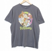 XL★古着 半袖 Tシャツ メンズ アニメ 原始家族 フリントストーン 大きいサイズ コットン クルーネック 薄茶 ブラウン 【spe】 25aug04 中古