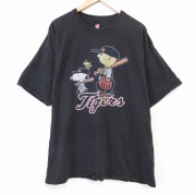 XL★古着 ヘインズ Hanes 半袖 Tシャツ メンズ スヌーピー SNOOPY MLBデトロイトタイガース 大きいサイズ コットン クルーネック 黒 ブラック 【spe】 メジャーリーグ ベースボール 野球 25aug26 中古