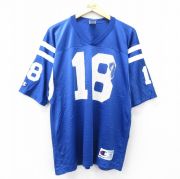 XL★古着 チャンピオン champion 半袖 ビンテージ フットボール Tシャツ メンズ 90年代 90s MANNING 18 メッシュ地 Vネック 青 ブルー ユニフォーム ゲームシャツ 【spe】 25aug30 中古