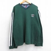 XL★古着 トミーヒルフィガー TOMMY HILFIGER トミージーンズ 長袖 ブランド Tシャツ メンズ 90年代 90s ワンポイントロゴ 大きいサイズ コットン Vネック 緑 グリーン 【spe】 25sep17 中古