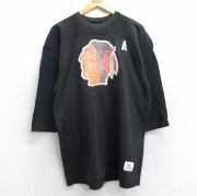 L★古着 チャンピオン Champion 7分袖 ビンテージ フットボール Tシャツ メンズ 80年代 80s NHL シカゴブラックホークス 7 クルーネック USA製 黒 ブラック アイスホッケー 【spe】 25oct27 中古 7分丈 七分丈 七分袖