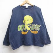XL★古着 長袖 ビンテージ トップス メンズ 90年代 90s ルーニーテューンズ トゥイーティー 大きいサイズ コットン クルーネック 紺【spe】 25nov18