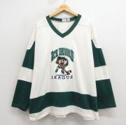 XL★古着 長袖 ビンテージ フットボール Tシャツ メンズ 90年代 90s ルーニーテューンズ タズ 刺繍 大きいサイズ ツートンカラー コットン Vネック 白【spe】 26apr06