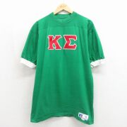 L★古着 ラッセル 半袖 ビンテージ フットボール Tシャツ メンズ 90年代 90s ギリシャ文字 コットン クルーネック USA製 グリーン【spe】 26may27
