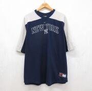 XL★古着 ナイキ NIKE 半袖 ビンテージ フットボール Tシャツ メンズ 00年代 00s MLB ニューヨークヤンキース 大きいサイズ コットン Vネック ネイビー メジャーリーグ ベースボール 野球【spe】 26jun16