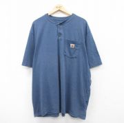 XL★古着 カーハート Carhartt 半袖 ブランド Tシャツ メンズ ワンポイントロゴ 胸ポケット付き 大きいサイズ ロング丈 ヘンリーネック 紺 ネイビー 霜降り 【spe】 25jul19 中古