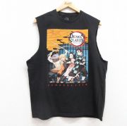 L★古着 ノースリーブ Tシャツ メンズ アニメ 鬼滅の刃 竈門炭治郎 コットン クルーネック 黒 ブラック 【spe】 25jul18 中古