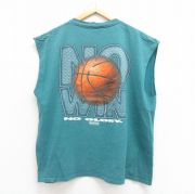 XL★古着 ビンテージ ノースリーブ Tシャツ メンズ 90年代 90s バスケットボール 大きいサイズ コットン クルーネック USA製 青緑 【spe】 25aug13 中古