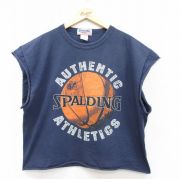 XL★古着 SPALDING ノースリーブ Tシャツ メンズ ビッグロゴ バスケットボール ショート丈 大きいサイズ コットン クルーネック 紺 ネイビー 【spe】 25aug22 中古