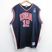 XL★古着 チャンピオン champion ノースリーブ ビンテージ Tシャツ メンズ 90年代 90s USAロゴ ALLEN 12 大きいサイズ ロング丈 メッシュ地 Vネック紺 ネイビー ユニフォーム ゲームシャツ 【spe】 25aug28 中古